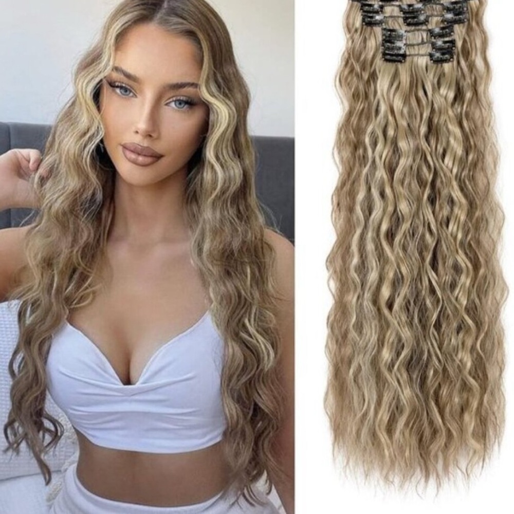New 6PCS 24" Synthetic Curly Cool Brown Blonde Highlights Clip-In Hair Extension